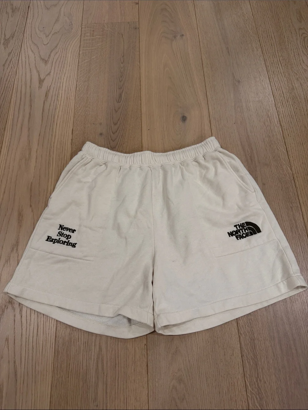 The North Face Men’s Cream Athletic Shorts with Olive Logos Size Small